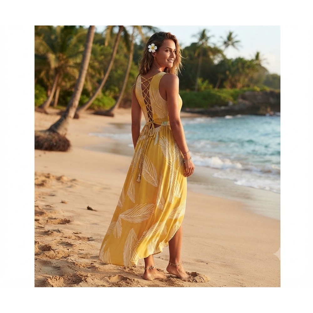 Anthropology Yellow Tropical flowy boho leaf‎ Lace Up Back Maxi Dress  Summer-4